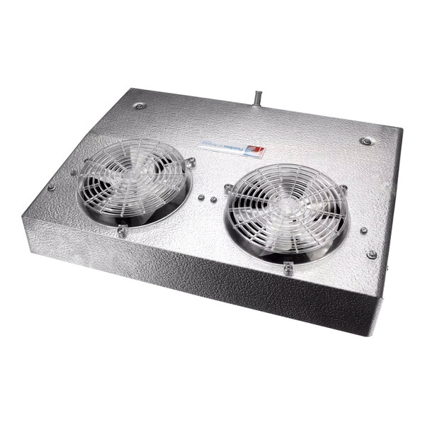 A silver metal Carter-Hoffmann evaporator assembly with two fans on top.