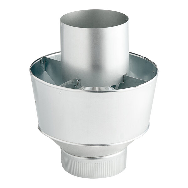 A stainless steel US Range draft hood vent pipe with a metal cap.