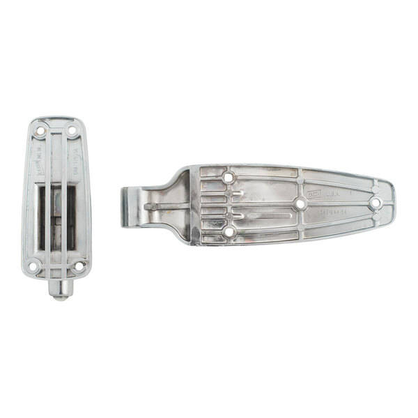 A metal hinge with a polished finish, shown from both the side and top views.