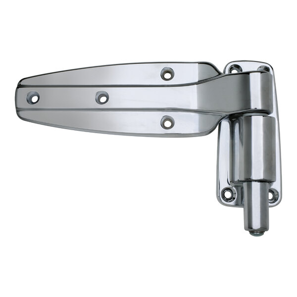 A metal door hinge with a polished finish and multiple screw holes for mounting.