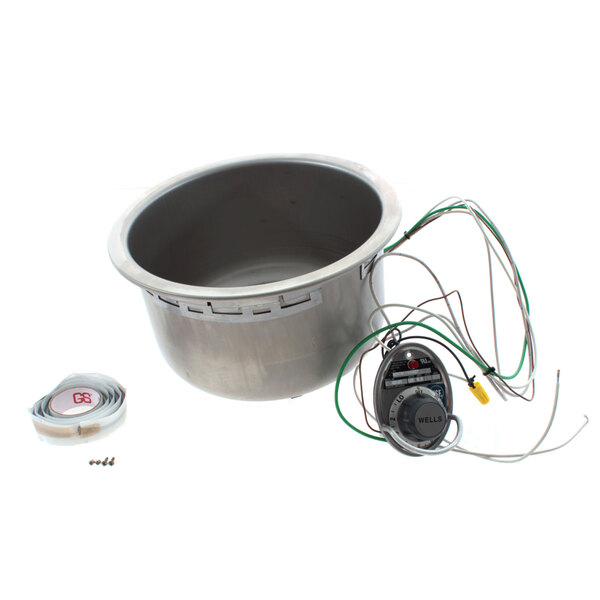 A stainless steel round metal warmer with wires.