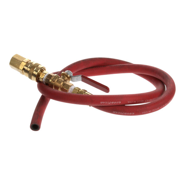 A red hose with brass fittings.