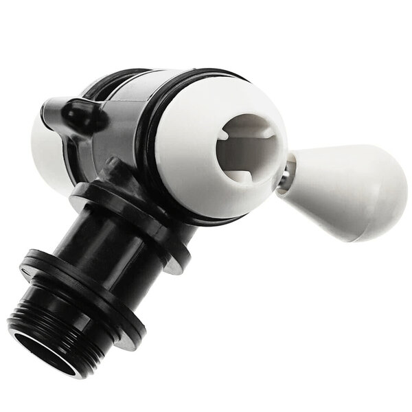 A black and white plastic Cornelius water valve with a white handle.