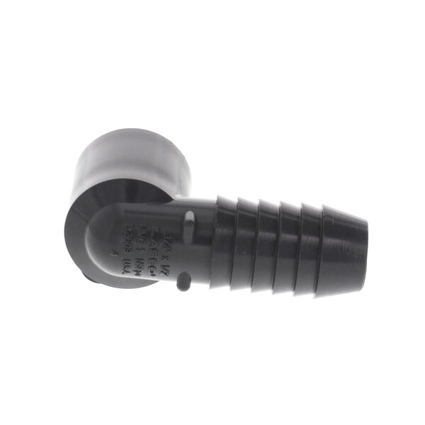 A black PVC elbow fitting with 1/2" female threads on one end and 3/4" barbed insert on the other.