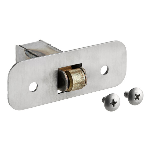 A metal door catch with a roller and two screws.