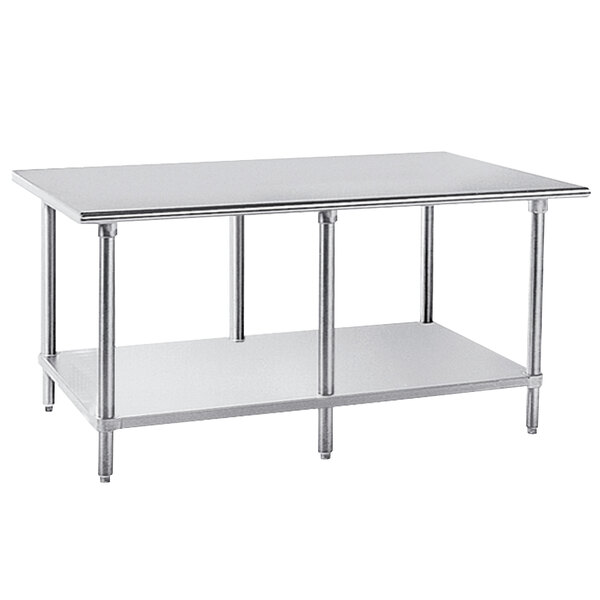 An Advance Tabco stainless steel work table with a galvanized undershelf.