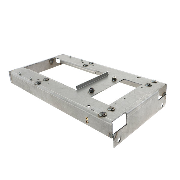 A metal frame with screws and two holes.