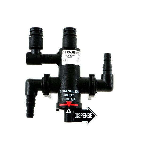 A black plastic Perlick Flow Jet reserving valve with white arrows.