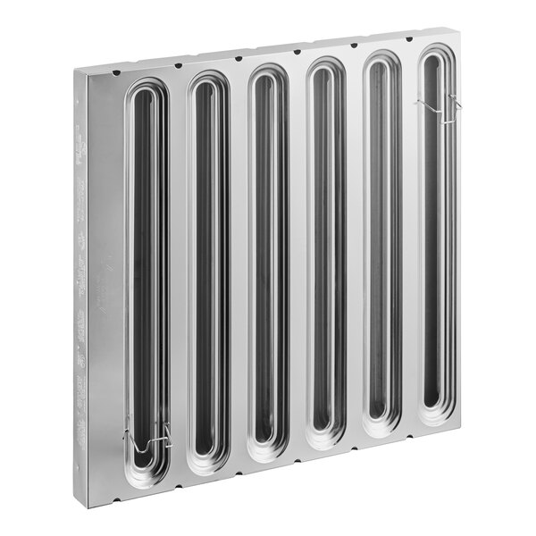 A rectangular stainless steel grease filter with vertical baffles and two handles on the front.