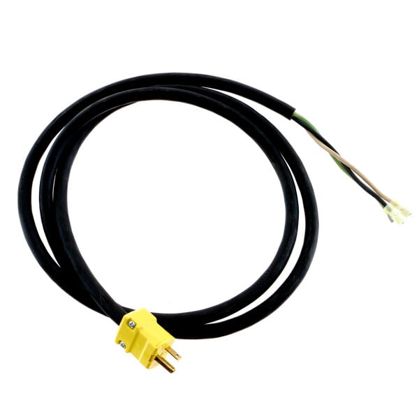 A black cord with yellow and black wires and a yellow plug.