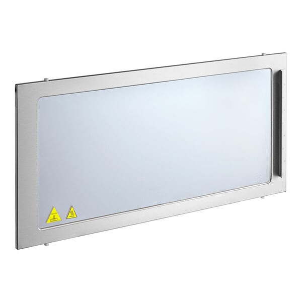 A rectangular stainless steel door with a yellow triangle.