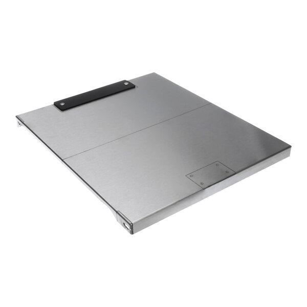 A silver rectangular Antunes conveyor cover with a black handle.