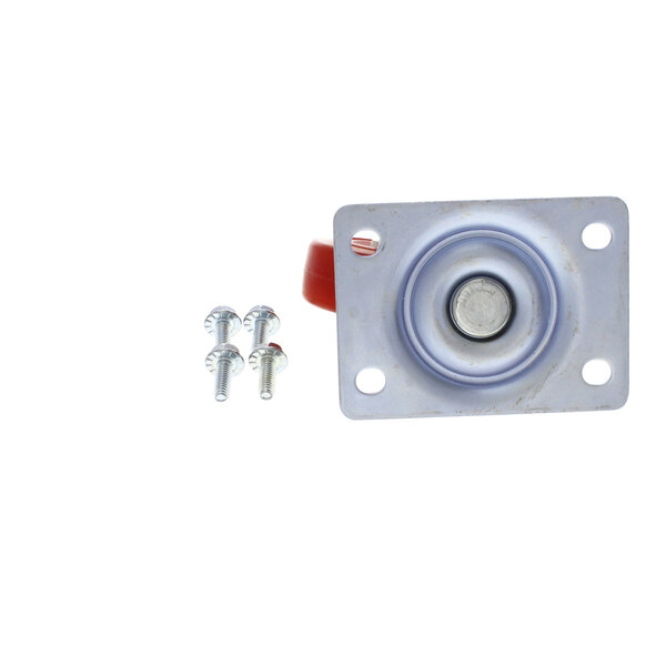 A close-up of a Norlake metal caster plate with screws and nuts.