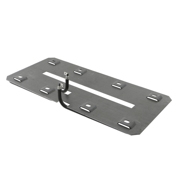 A close-up of a metal plate with two black wires.