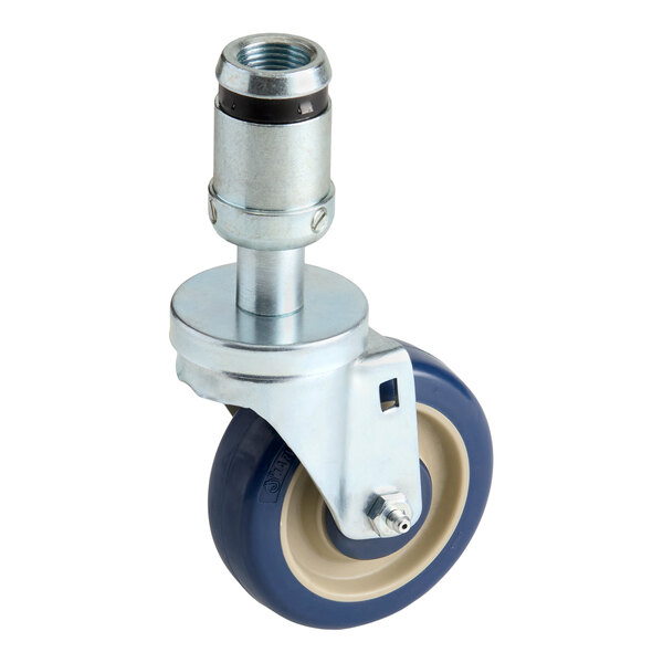 A non-locking caster wheel with a metal mounting stem and a blue and beige rubber wheel.