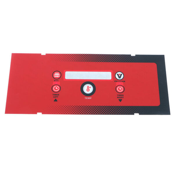 A red and black rectangular Vulcan overlay with buttons and a white label.