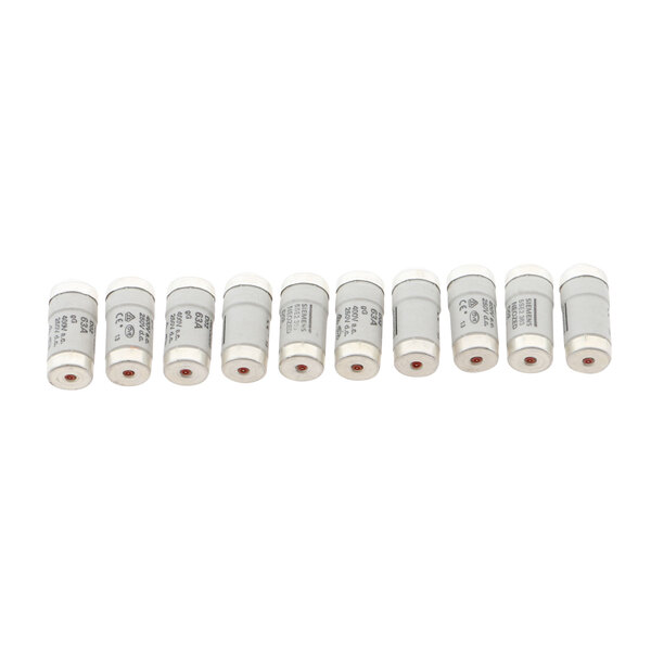 A row of white and gray cylindrical Rational Neozed fuses.