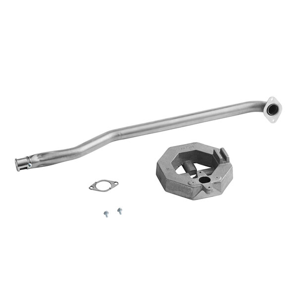 A US Range rear open top burner assembly with a metal pipe and a nut.