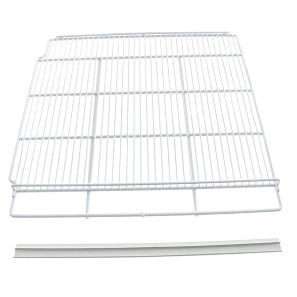 A white metal grid shelf with a white edge.