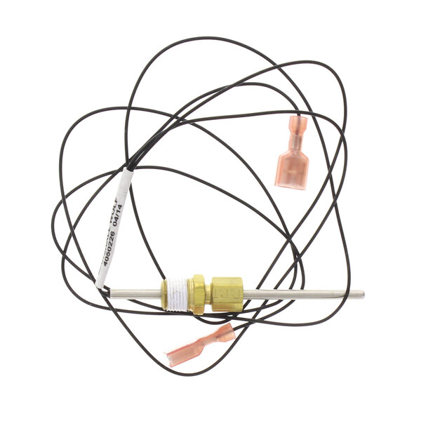 A black wire with a yellow and silver connector attached to a white wire with a connector.