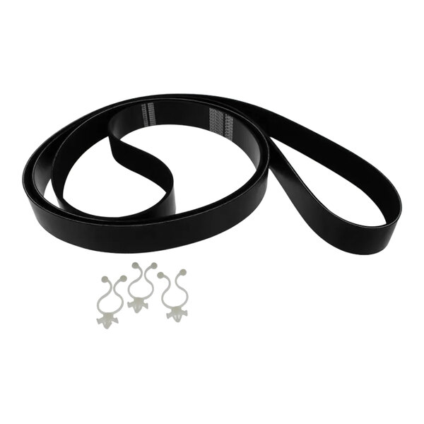 A black Alliance Laundry poly-v belt with a curved edge.