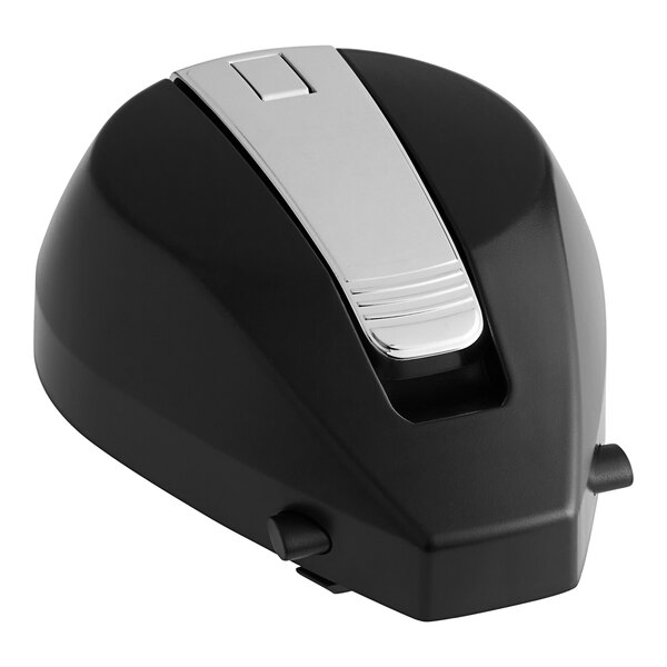 A black and silver airpot lid with lever.