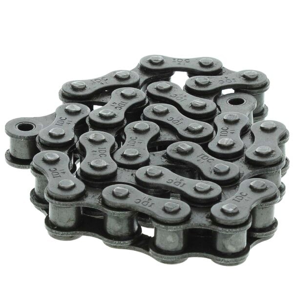 A close up of a Blakeslee roller chain with black plastic links.