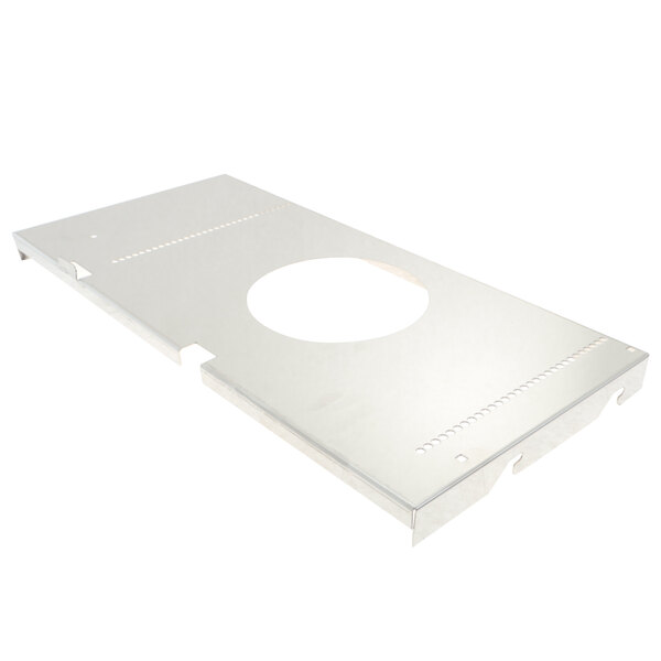 A white metal fan shroud plate with a hole in the middle.