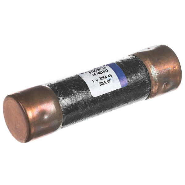 A copper tube with a black label on it.