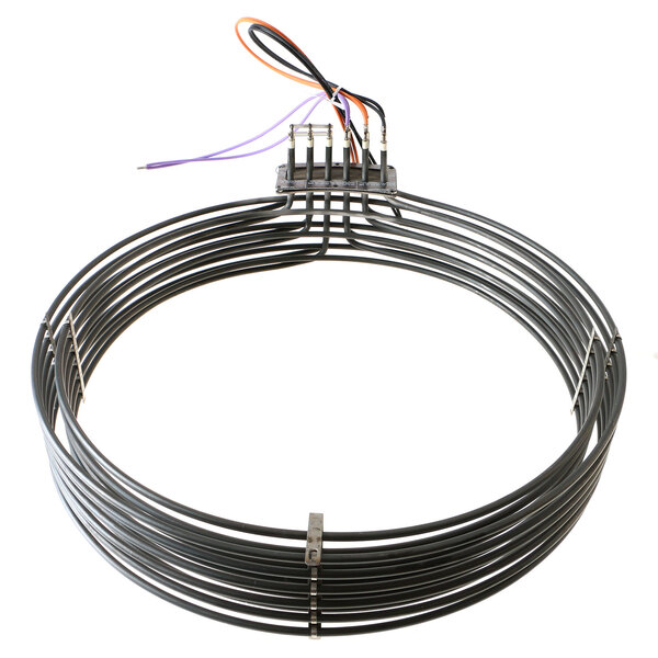 A circular metal hot air element with wires attached.