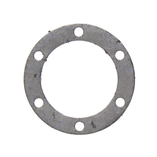 A round metal gasket with holes.