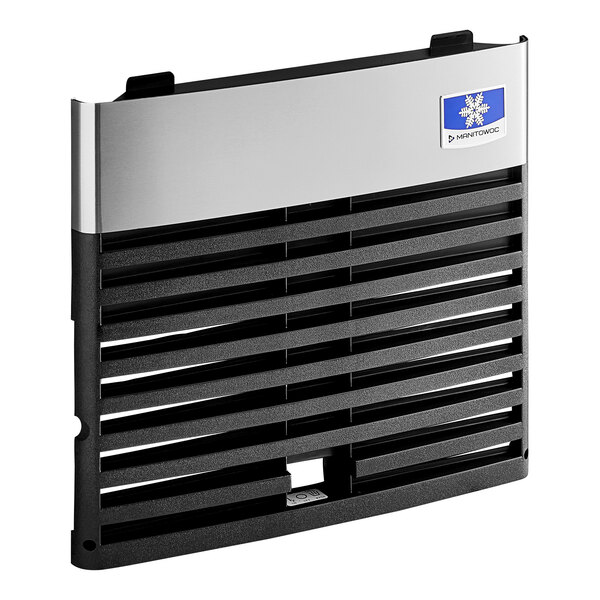 A black and silver metal front panel for a Manitowoc Ice machine with blue stripes.