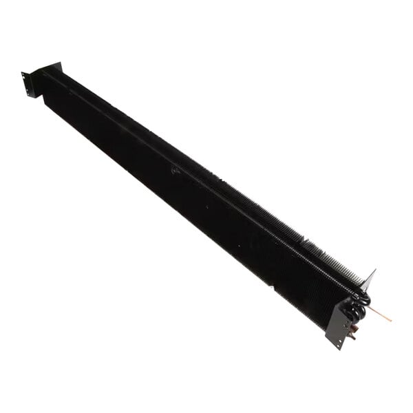 A long, black metal component with fins and mounting brackets on each end, resembling a refrigeration evaporator coil.