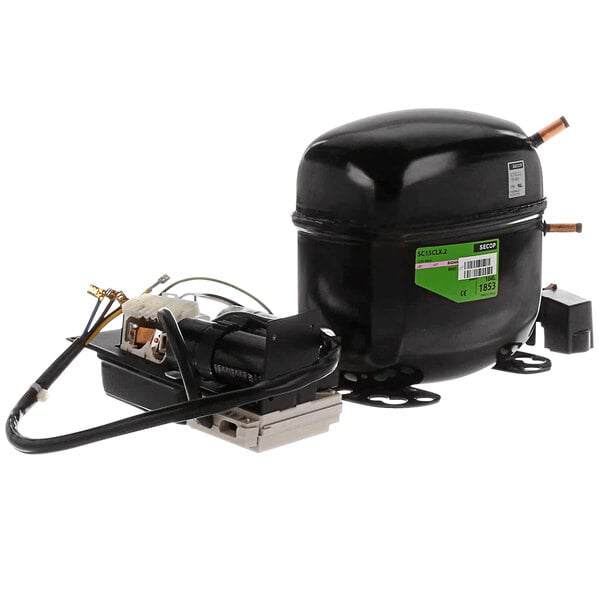 A black and copper True Refrigeration compressor kit with wires.