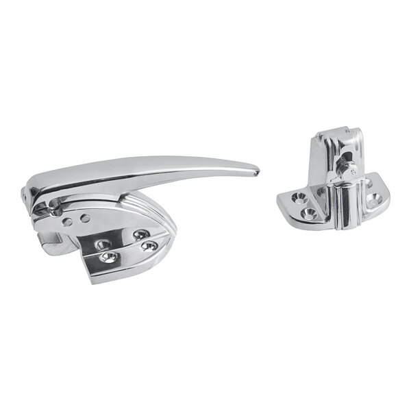 A chrome latch set with a lever handle and matching catch.