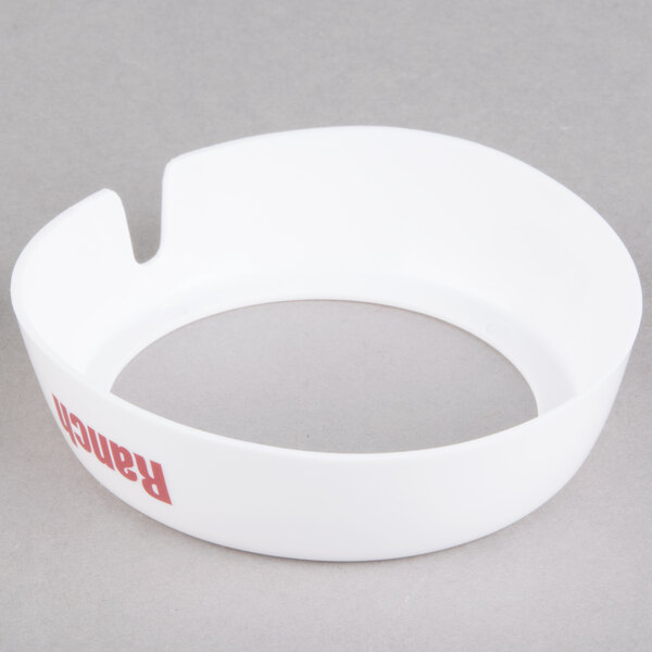 A white Tablecraft plastic collar with maroon "Ranch" text.
