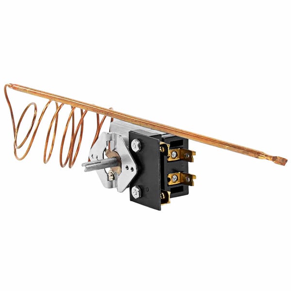 A black and white thermostat switch with a wire and a copper coil.