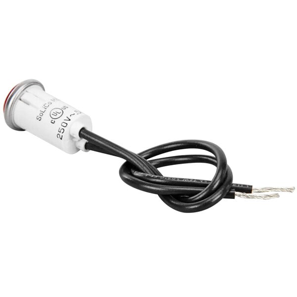 A red round signal light with a white and black wire attached.