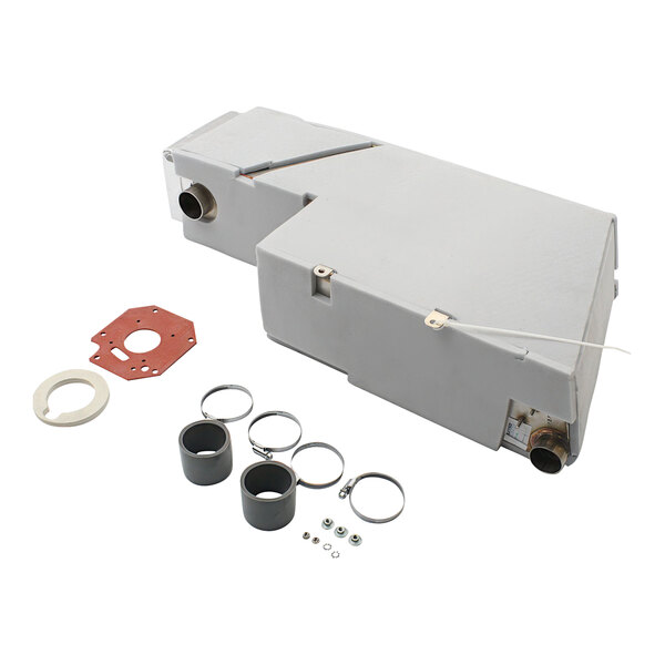 A white rectangular box with a metal cover and metal tubes.