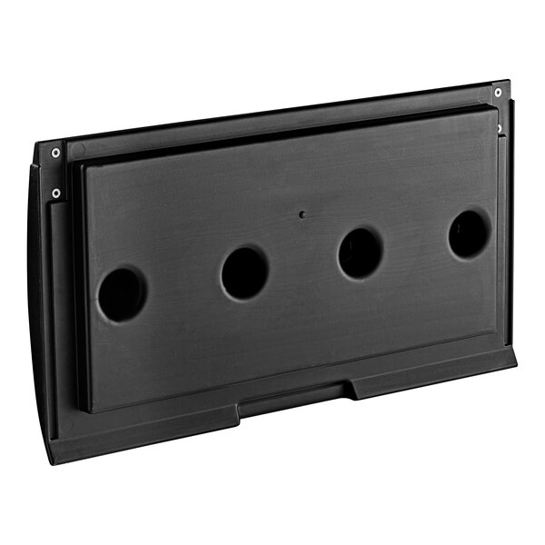 A black metal Ice-O-Matic door bin with four holes.