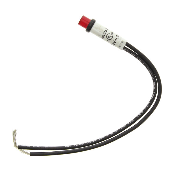 A close-up of a red Market Forge light with a red and black electrical wire.