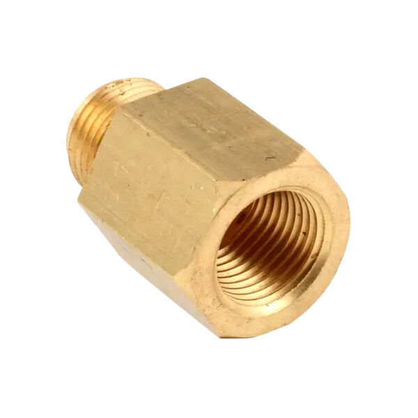 A brass fitting with a hexagonal body and threaded ends.