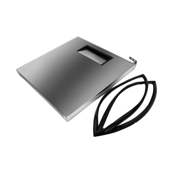 A rectangular metallic panel with a recessed handle and a separate black rubber gasket, both placed on a white background.