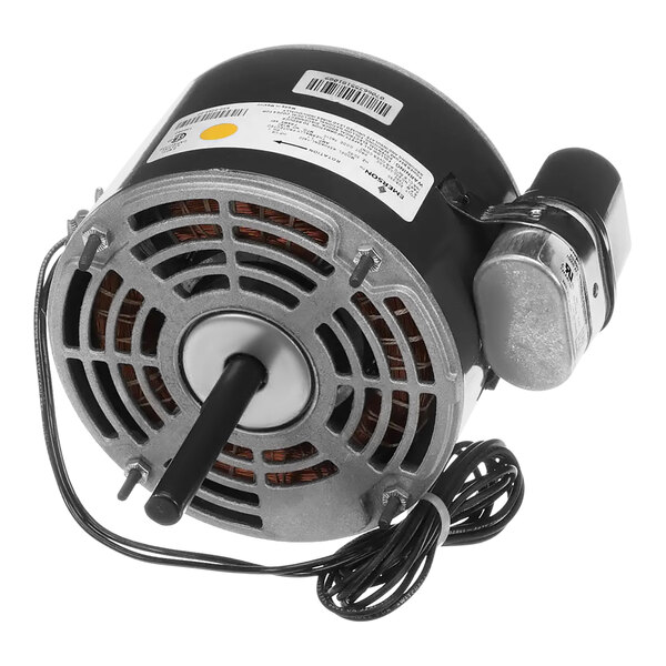 A black and silver Copeland electric motor with wires and a cord.