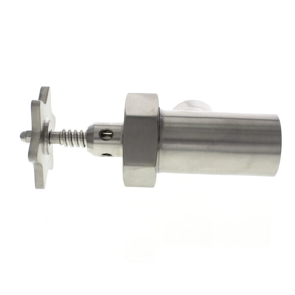 A close-up of a Crown Steam tangent draw-off valve for a steam pipe with a screw on the end.