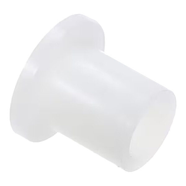 A translucent plastic bushing with a flanged end.