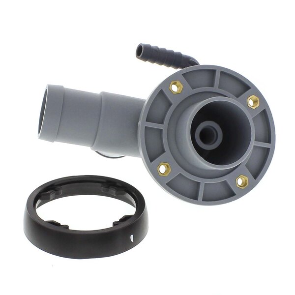 A grey plastic lower manifold with a black rubber ring and circular holes.