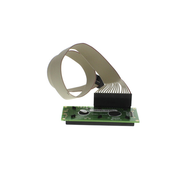 A green circuit board with a white ribbon cable.