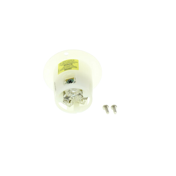 A white Blodgett flange receptacle with screws and a yellow label.