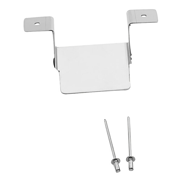 A metal bracket with screws and a screwdriver attached to a white rectangular metal object.